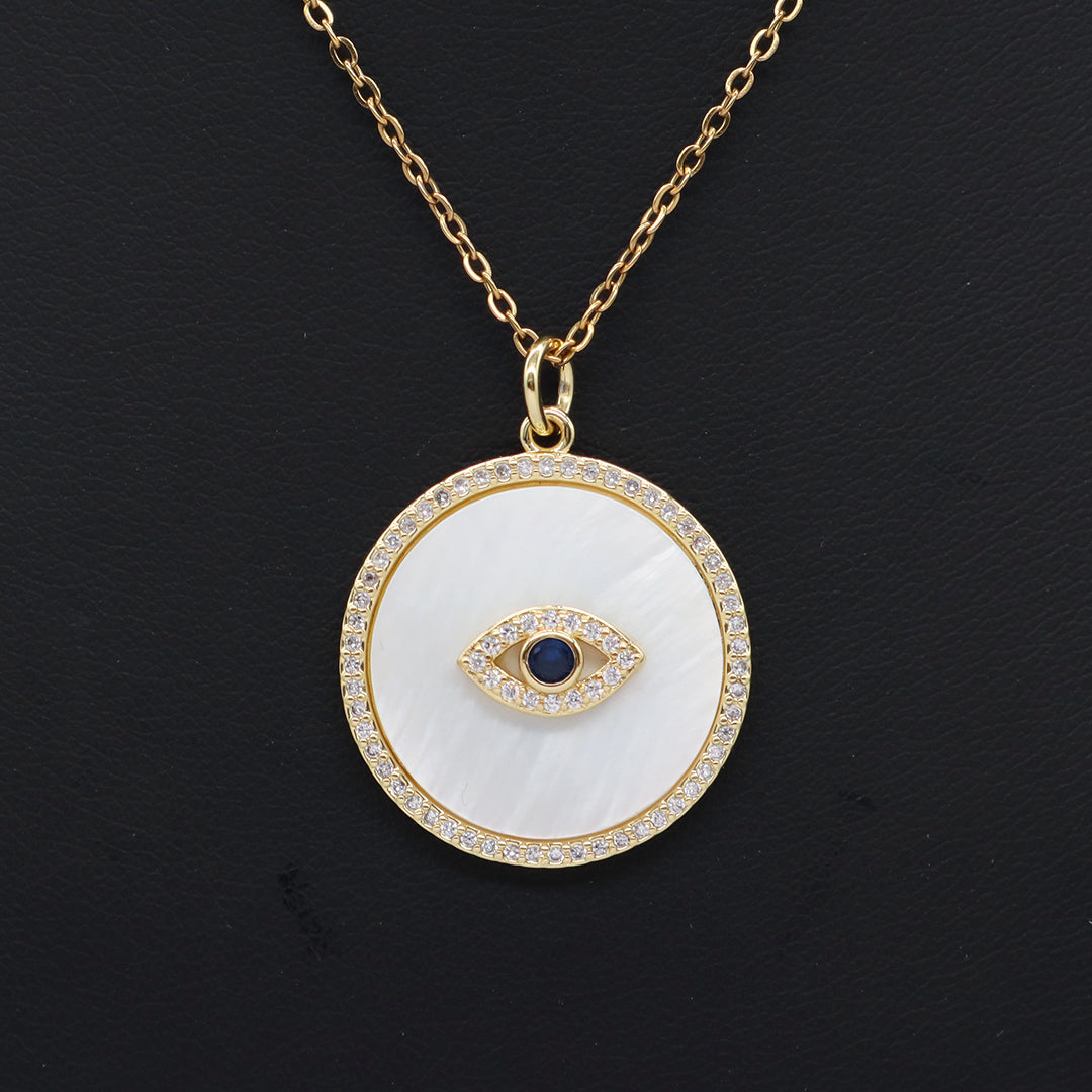 Factory Women Gift Custom Round CZ Hamsa Hand Pendant Charm Jewelry Gold Plated Stainless Steel Chain Shell Evil Eyes Necklace