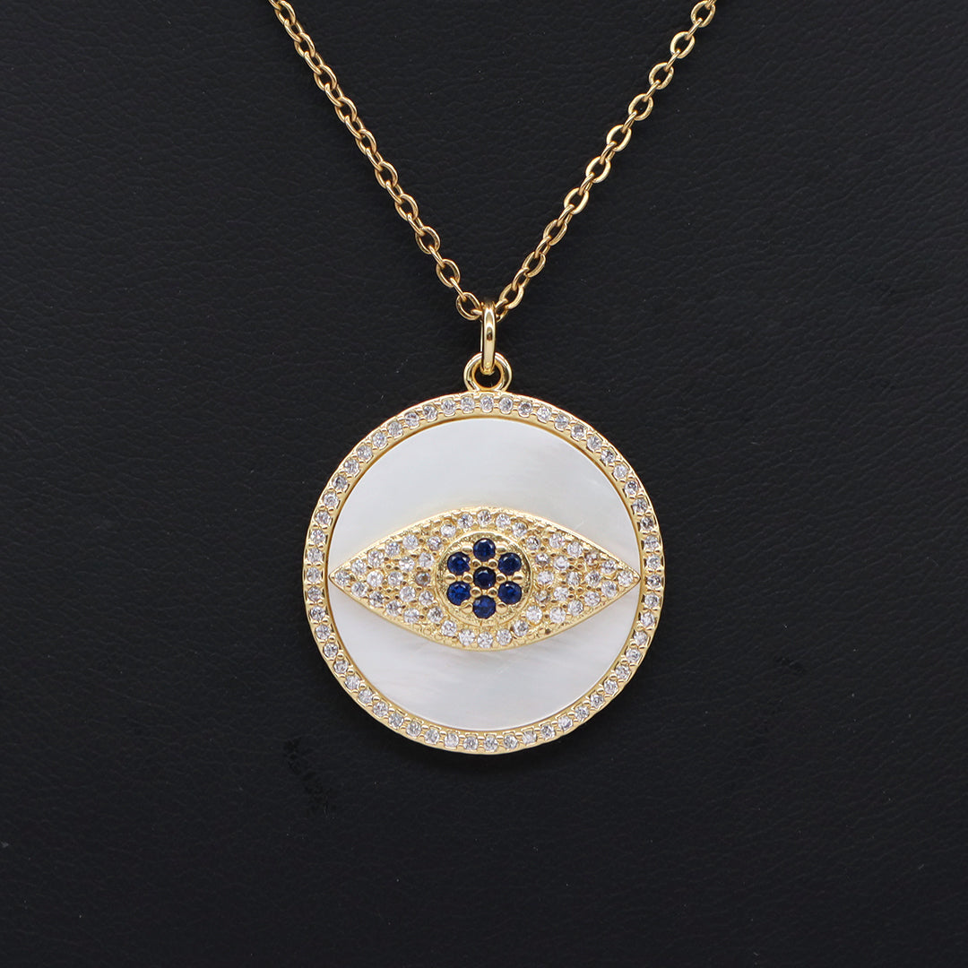 Factory Women Gift Custom Round CZ Hamsa Hand Pendant Charm Jewelry Gold Plated Stainless Steel Chain Shell Evil Eyes Necklace