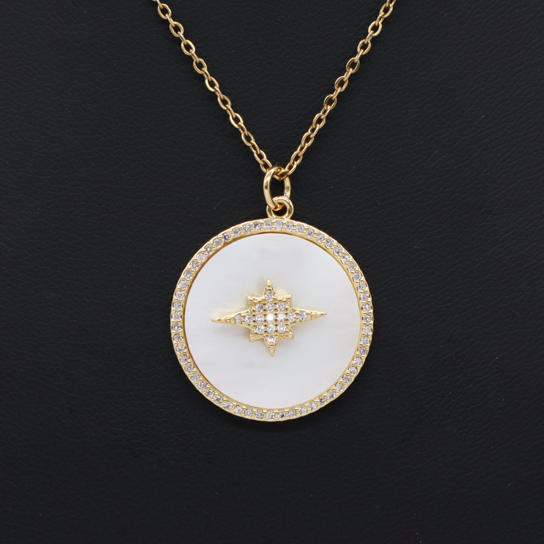Factory Women Gift Custom Round CZ Hamsa Hand Pendant Charm Jewelry Gold Plated Stainless Steel Chain Shell Evil Eyes Necklace