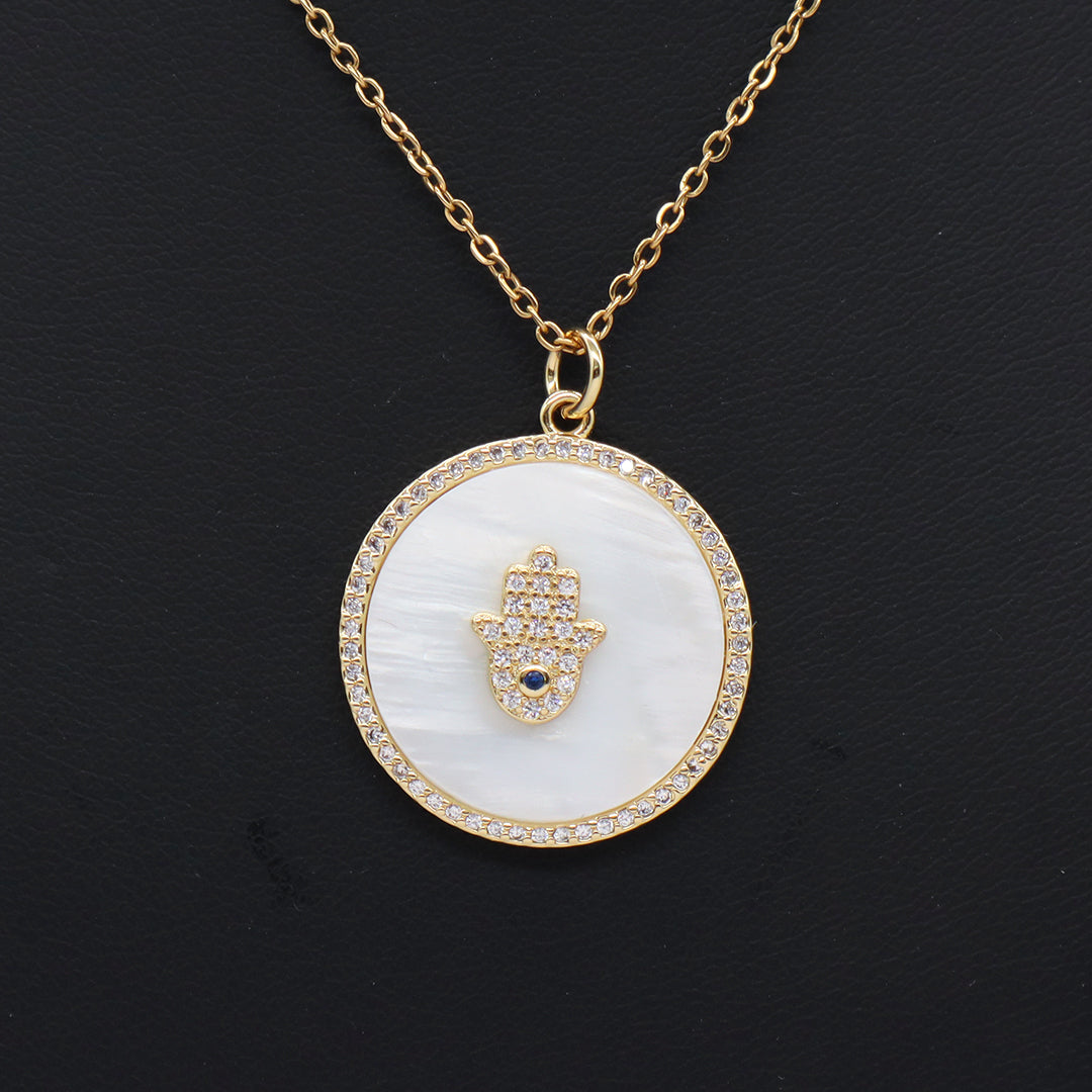Factory Women Gift Custom Round CZ Hamsa Hand Pendant Charm Jewelry Gold Plated Stainless Steel Chain Shell Evil Eyes Necklace