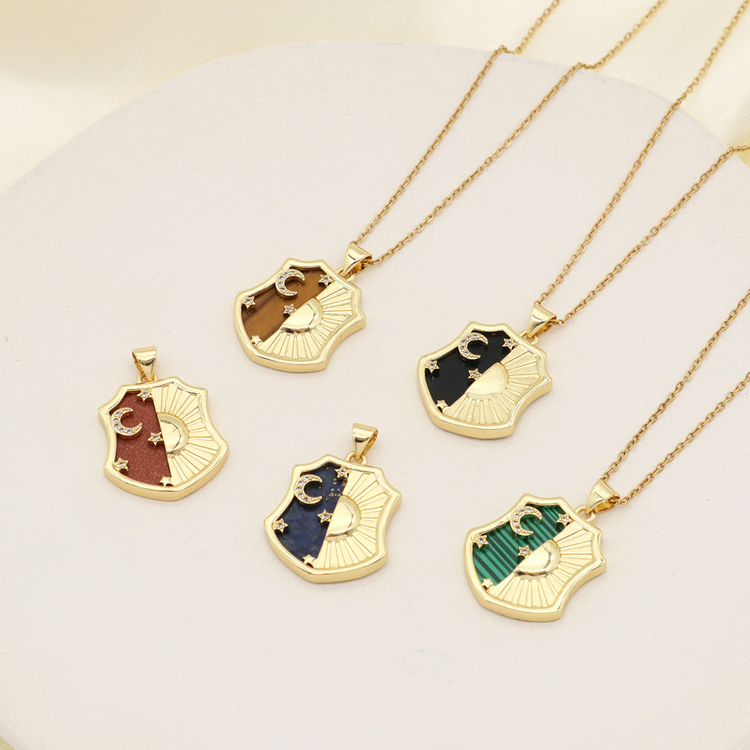 Wholesale Custom Green Brown Blue Black Natural Stone Gold plated stainless steel Chain Shinning Sun Moon Star Pendant Necklace