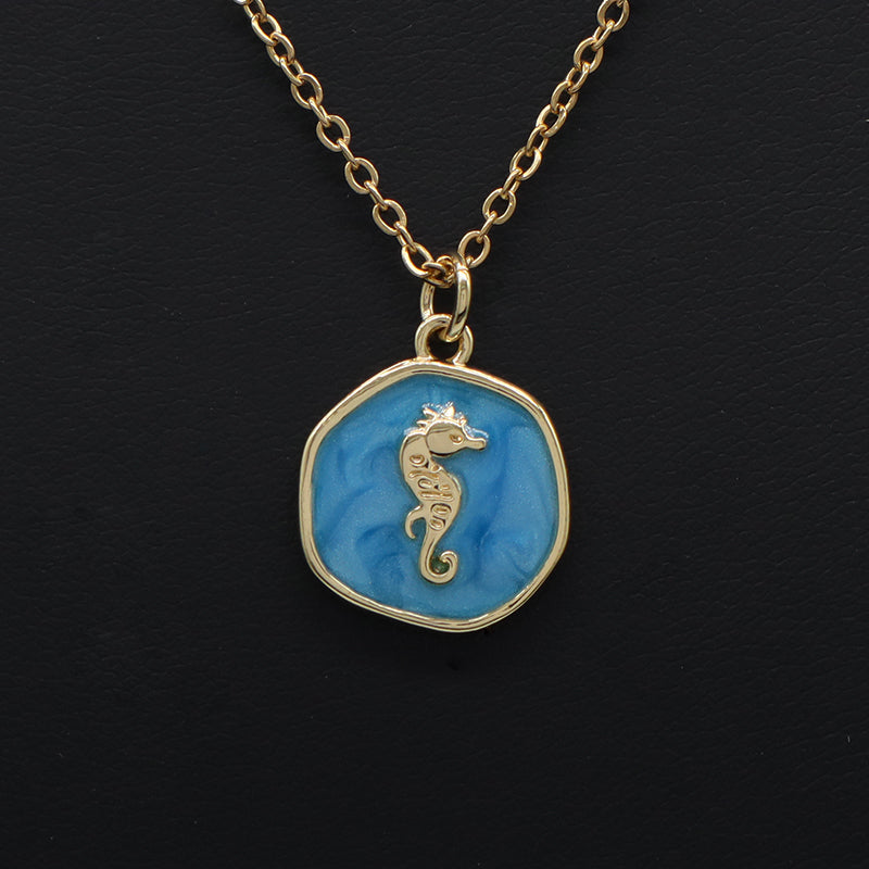 Fashion Round Gold Plated Stainless Steel Chain Enamel Cross Lighting Anchor Moon Butterfly Sea Horse Sea Star Pendant Necklace