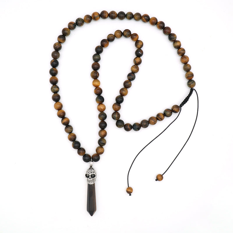 Personality Wholesale OEM Handmade Custom Adjustable Men Women Skull Pendant 8mm Natural Stone Beads Woven Cord Macrame Necklace