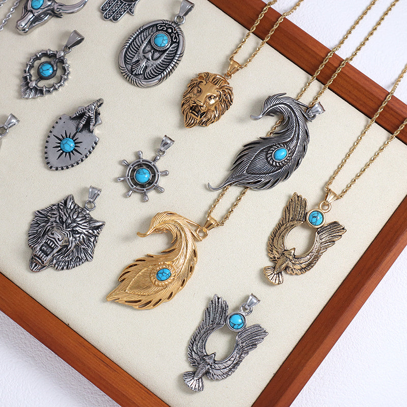 New Custom Wholesale Fashion Men Women Jewelry Natral Stone No Tarnish Stainless Steel Rudder Hasma Hand Bull Pendant Necklace