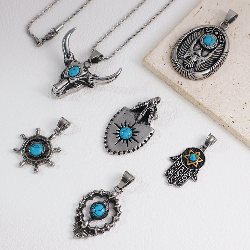New Custom Wholesale Fashion Men Women Jewelry Natral Stone No Tarnish Stainless Steel Rudder Hasma Hand Bull Pendant Necklace