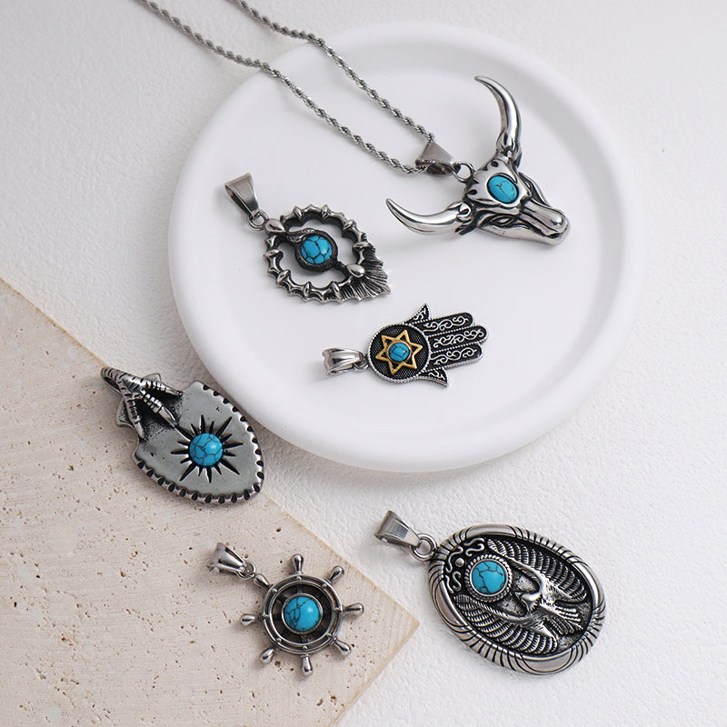 New Custom Wholesale Fashion Men Women Jewelry Natral Stone No Tarnish Stainless Steel Rudder Hasma Hand Bull Pendant Necklace