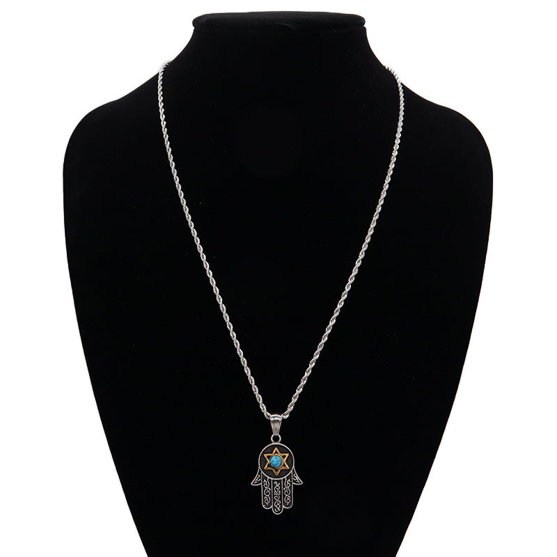 New Custom Wholesale Fashion Men Women Jewelry Natral Stone No Tarnish Stainless Steel Rudder Hasma Hand Bull Pendant Necklace