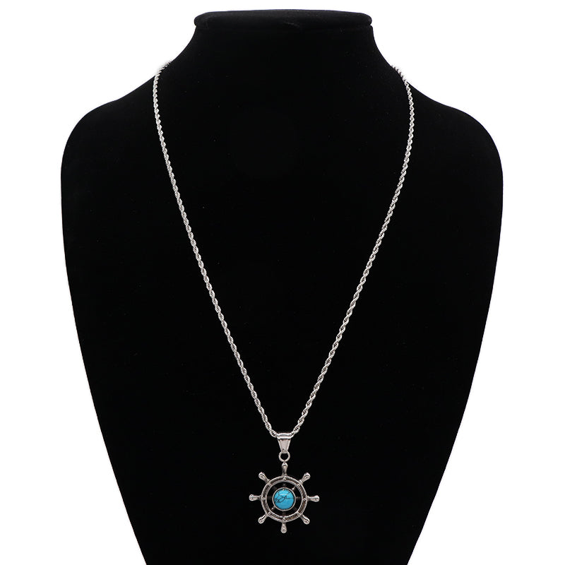 New Custom Wholesale Fashion Men Women Jewelry Natral Stone No Tarnish Stainless Steel Rudder Hasma Hand Bull Pendant Necklace