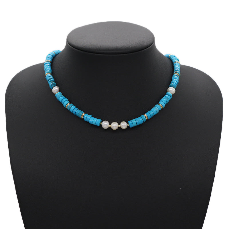 OEM Handmade Custom Gold Plated Charm Fresh Water Pearl Blue Turquoise Jasper Natural Stone Beads Necklace