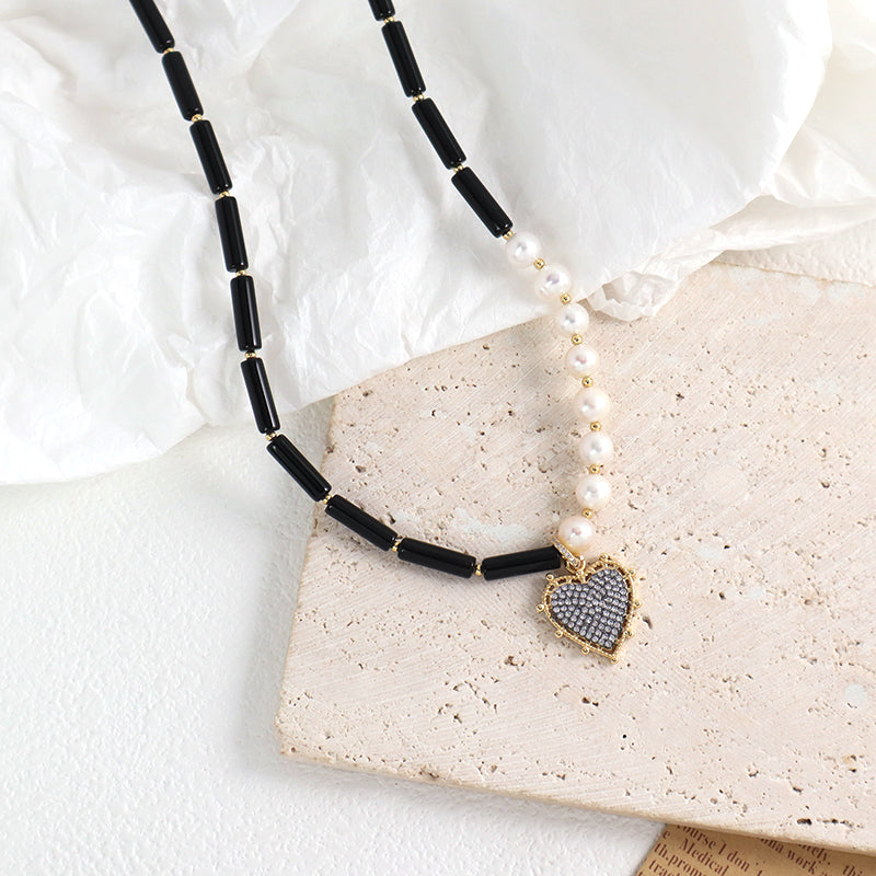 Customized OEM Wholesale Handmade Women Gold Plated Beads CZ Fresh Water Pearl Natural Stone Black Onyx Heart Pendant Necklace