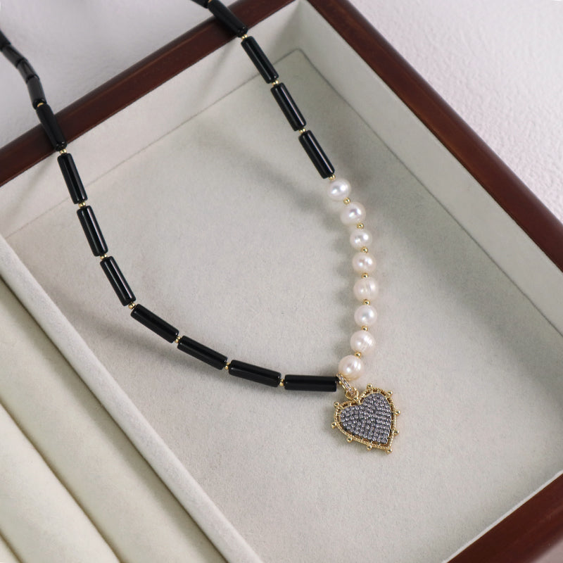 Customized OEM Wholesale Handmade Women Gold Plated Beads CZ Fresh Water Pearl Natural Stone Black Onyx Heart Pendant Necklace