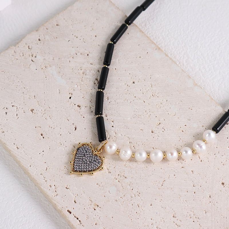Customized OEM Wholesale Handmade Women Gold Plated Beads CZ Fresh Water Pearl Natural Stone Black Onyx Heart Pendant Necklace