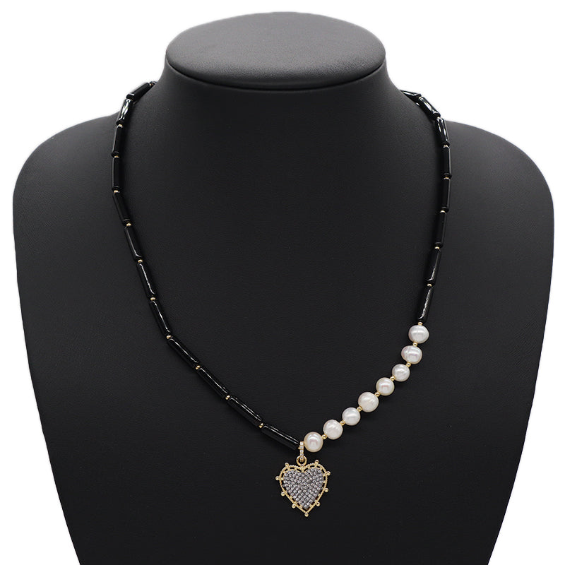 Customized OEM Wholesale Handmade Women Gold Plated Beads CZ Fresh Water Pearl Natural Stone Black Onyx Heart Pendant Necklace