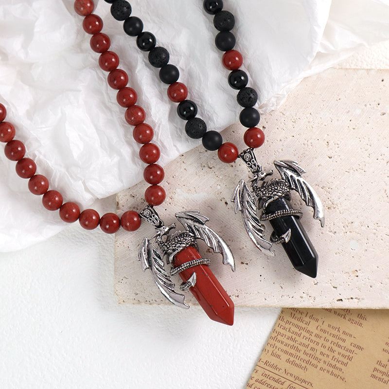 Handmade Custom OEM Woven 8mm Onyx Red Jasper Natural Stone Beads Adjustable Macrame Hexagon Dragon Pendant Necklace For Men