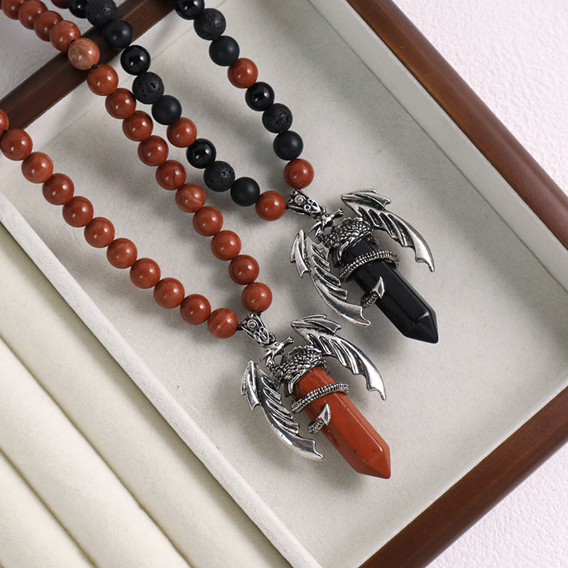 Handmade Custom OEM Woven 8mm Onyx Red Jasper Natural Stone Beads Adjustable Macrame Hexagon Dragon Pendant Necklace For Men