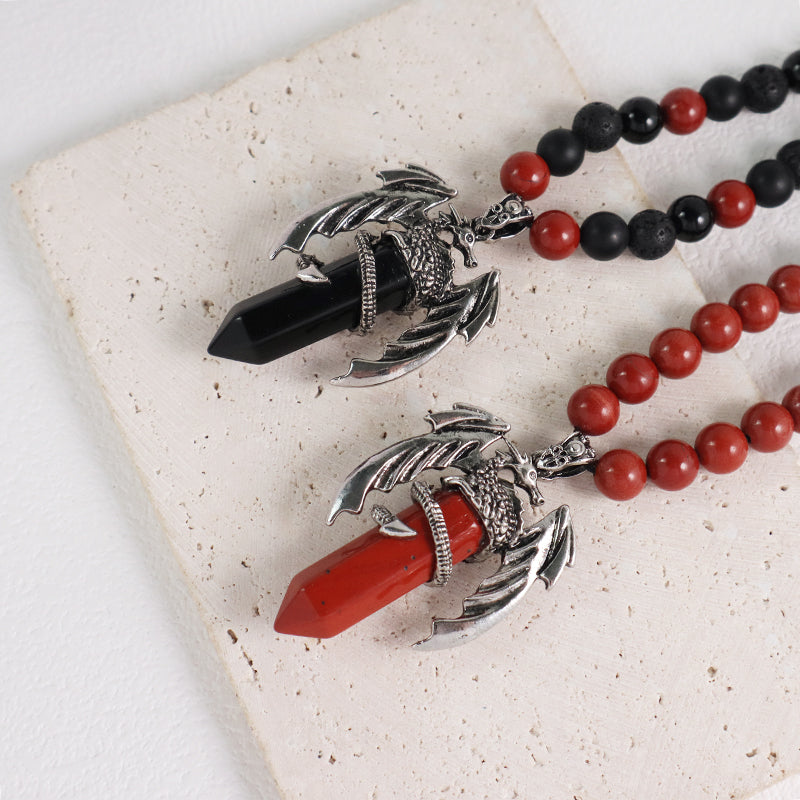 Handmade Custom OEM Woven 8mm Onyx Red Jasper Natural Stone Beads Adjustable Macrame Hexagon Dragon Pendant Necklace For Men