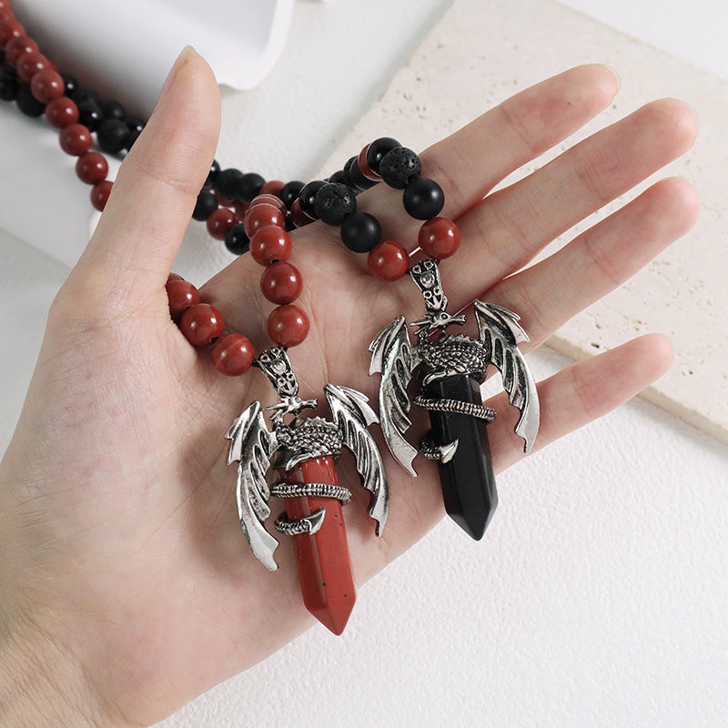 Handmade Custom OEM Woven 8mm Onyx Red Jasper Natural Stone Beads Adjustable Macrame Hexagon Dragon Pendant Necklace For Men