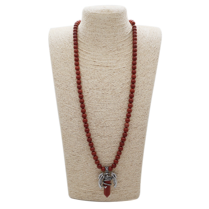 Handmade Custom OEM Woven 8mm Onyx Red Jasper Natural Stone Beads Adjustable Macrame Hexagon Dragon Pendant Necklace For Men
