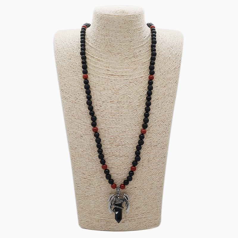 Handmade Custom OEM Woven 8mm Onyx Red Jasper Natural Stone Beads Adjustable Macrame Hexagon Dragon Pendant Necklace For Men