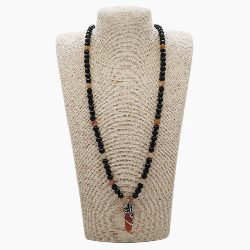 Newest 8mm Gemstone Natural Stone Beads Custom OEM Handmade Adjustable Woven Macrame Hexagon Rose Pendant Necklace For Men Women