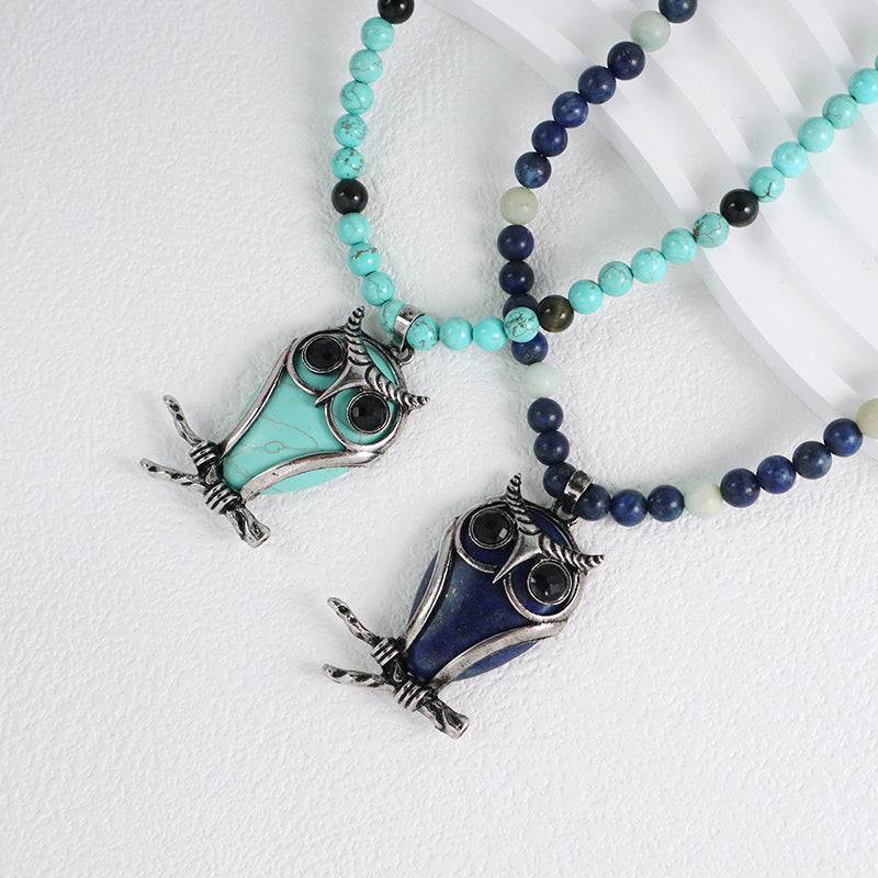 Handmade Wholesale Custom OEM 6mm Natural Stone Beads Adjustable Stainless Steel Tail Chain Owl Pendant Necklace For Men Women