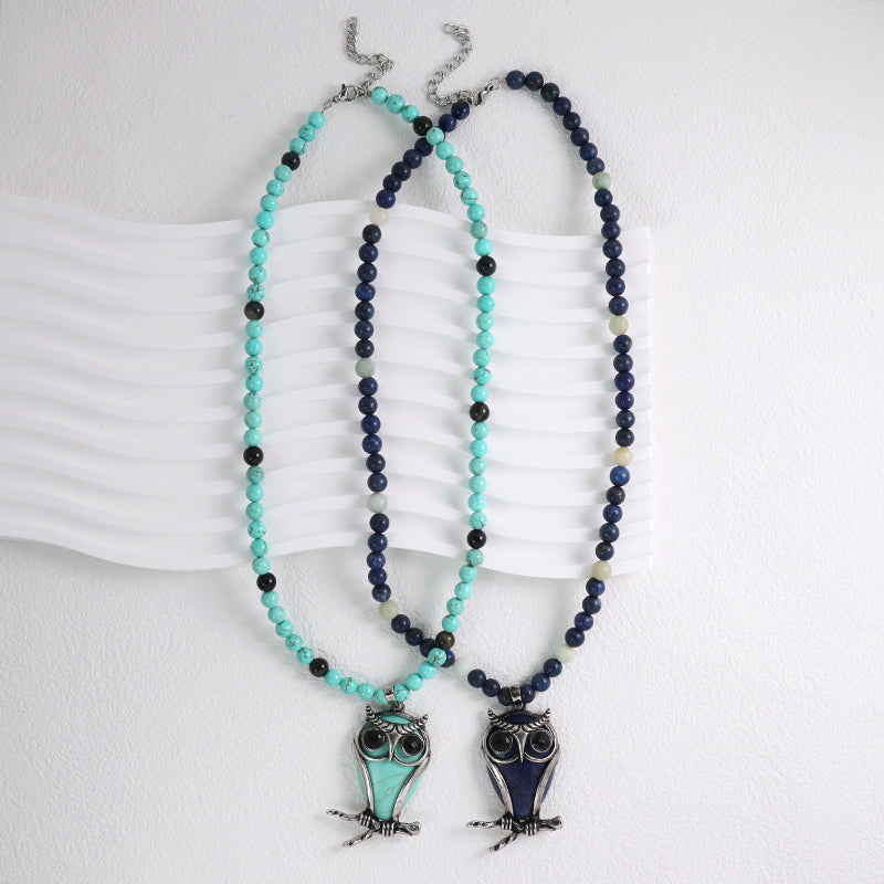Handmade Wholesale Custom OEM 6mm Natural Stone Beads Adjustable Stainless Steel Tail Chain Owl Pendant Necklace For Men Women
