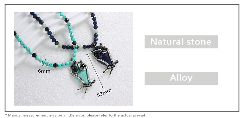 Handmade Wholesale Custom OEM 6mm Natural Stone Beads Adjustable Stainless Steel Tail Chain Owl Pendant Necklace For Men Women