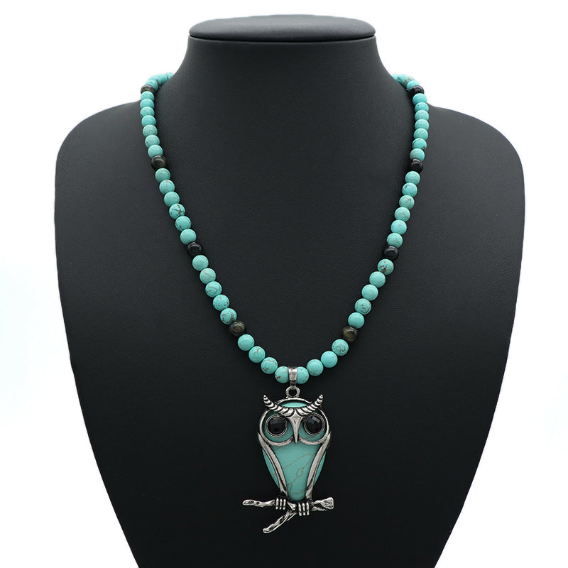Handmade Wholesale Custom OEM 6mm Natural Stone Beads Adjustable Stainless Steel Tail Chain Owl Pendant Necklace For Men Women