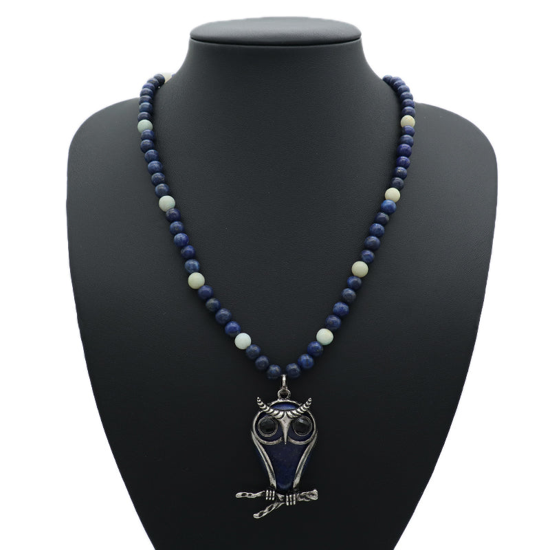 Handmade Wholesale Custom OEM 6mm Natural Stone Beads Adjustable Stainless Steel Tail Chain Owl Pendant Necklace For Men Women
