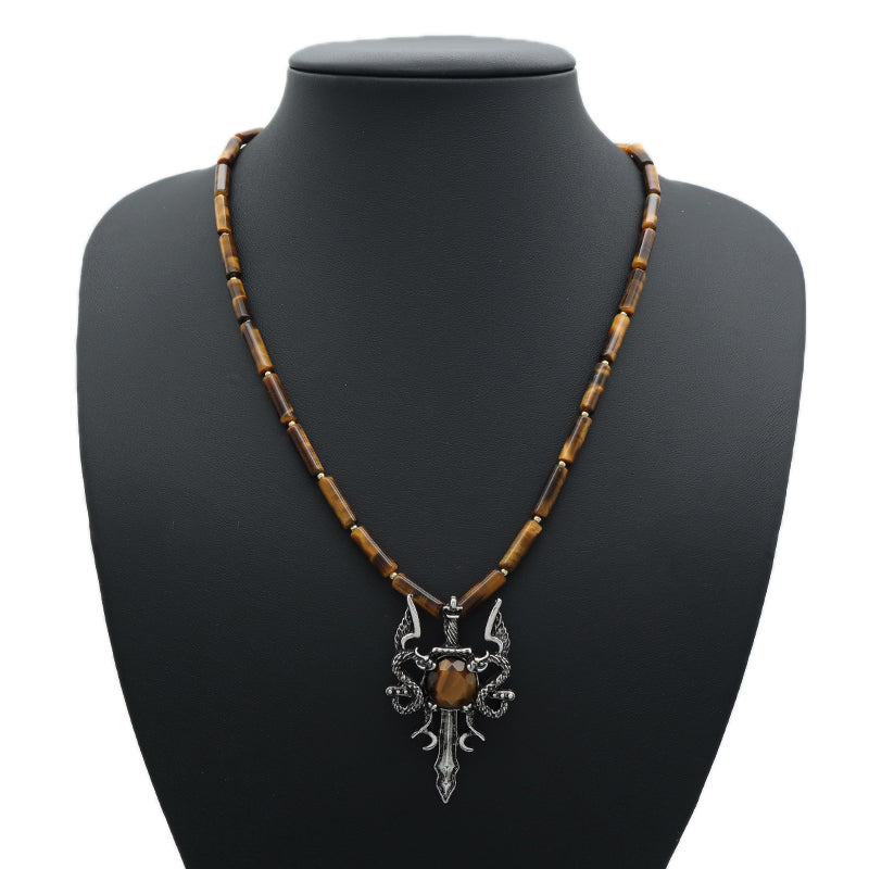 OEM Handmade Wholesale Custom Men Women Natural Stone Beads Adjustable Stainless Steel Tail Chain Sword Dragon Pendant Necklace