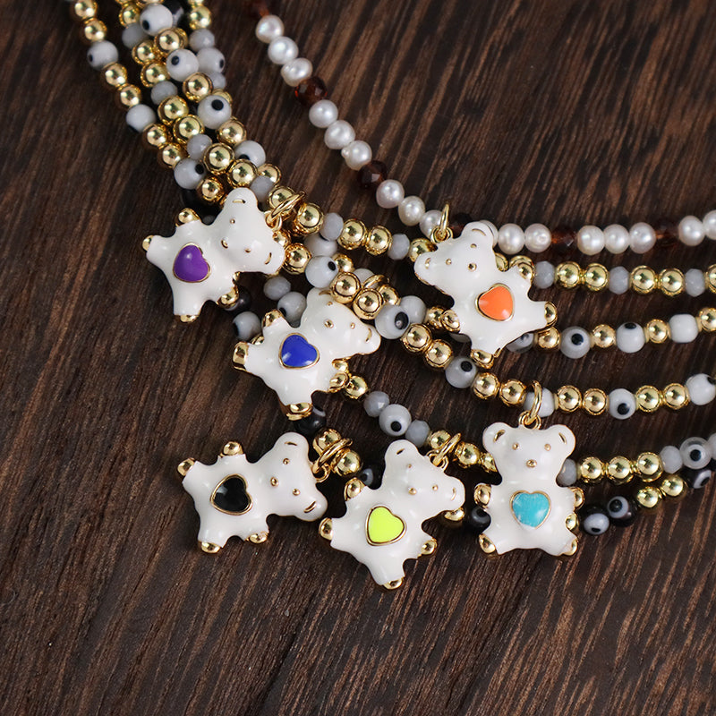 Custom New OEM Handmade Glass Crystal Coloured Glaze Beads Gold Plated Enamel Bear Pendant Fresh Water Pearl Evil Eyes Necklace