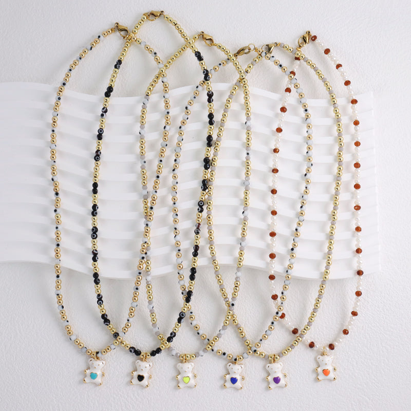Custom New OEM Handmade Glass Crystal Coloured Glaze Beads Gold Plated Enamel Bear Pendant Fresh Water Pearl Evil Eyes Necklace
