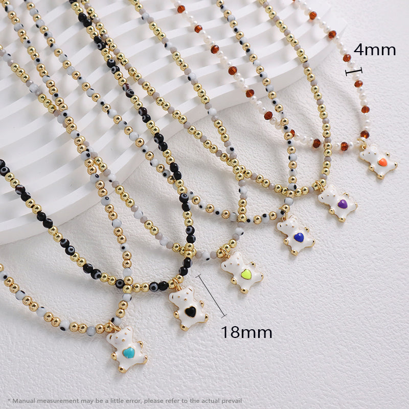 Custom New OEM Handmade Glass Crystal Coloured Glaze Beads Gold Plated Enamel Bear Pendant Fresh Water Pearl Evil Eyes Necklace