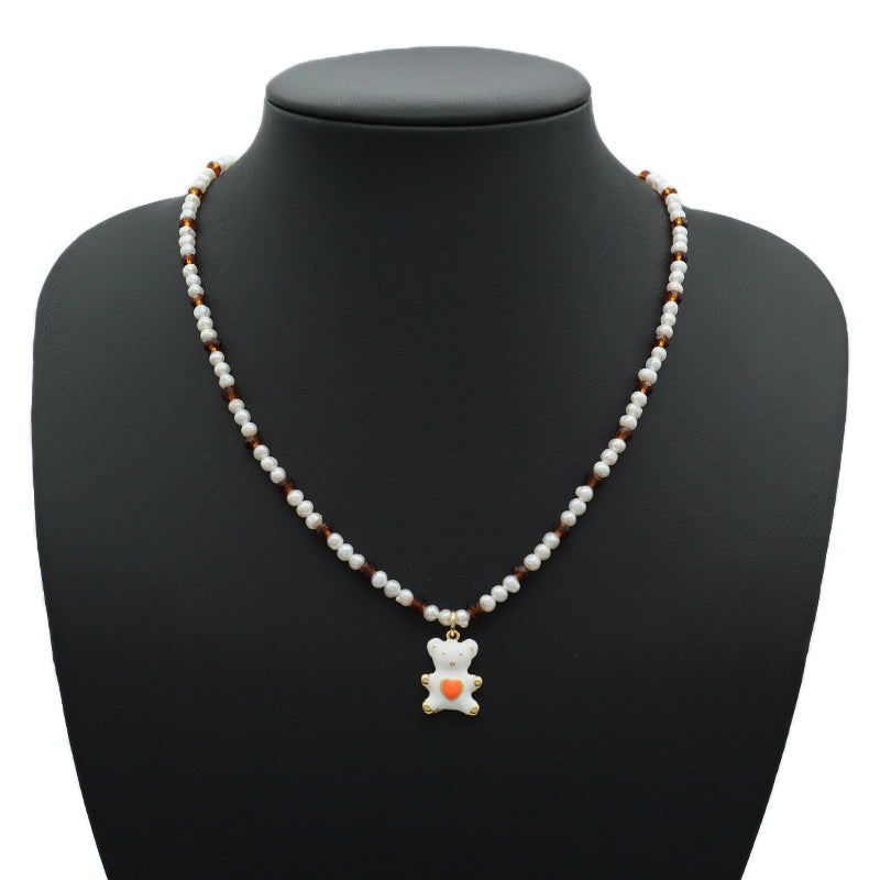 Custom New OEM Handmade Glass Crystal Coloured Glaze Beads Gold Plated Enamel Bear Pendant Fresh Water Pearl Evil Eyes Necklace