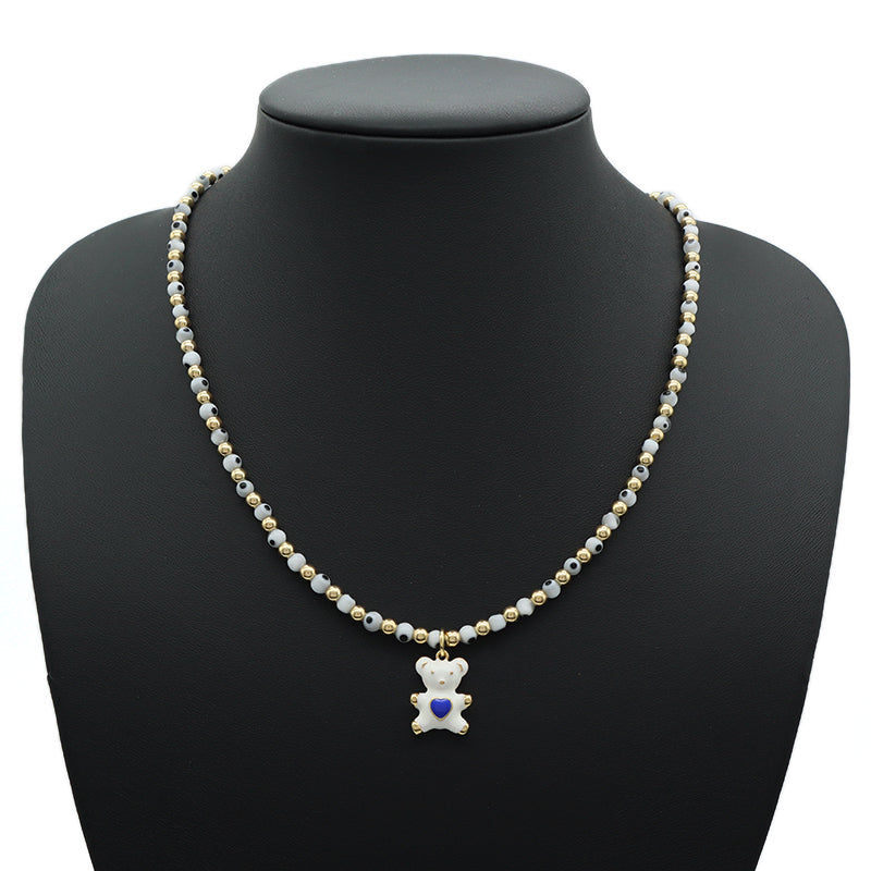 Custom New OEM Handmade Glass Crystal Coloured Glaze Beads Gold Plated Enamel Bear Pendant Fresh Water Pearl Evil Eyes Necklace