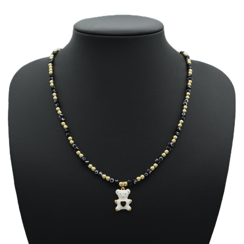 Custom New OEM Handmade Glass Crystal Coloured Glaze Beads Gold Plated Enamel Bear Pendant Fresh Water Pearl Evil Eyes Necklace