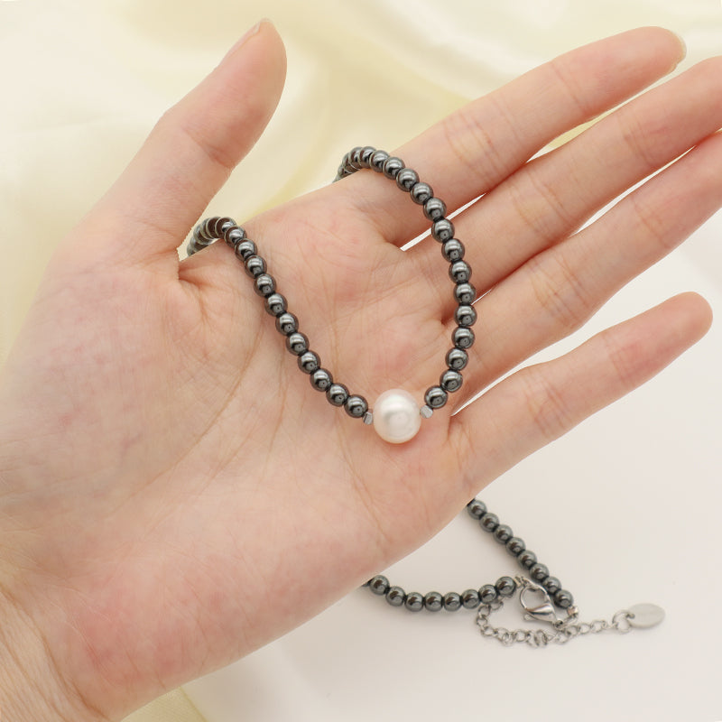 Custom Wholesale China Factory OEM Trendy Women Handmade Stainless Steel Natural Stone Hematite Beads Pearl Pendant Necklace