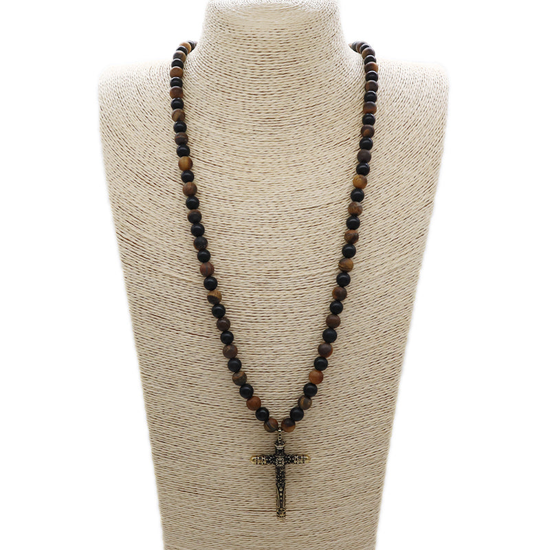 Wholesale OEM Custom China Factory Men Women Fashion 8mm Handmade Custom Gold Plated Natural Stone Beads Cross Pendant Necklace