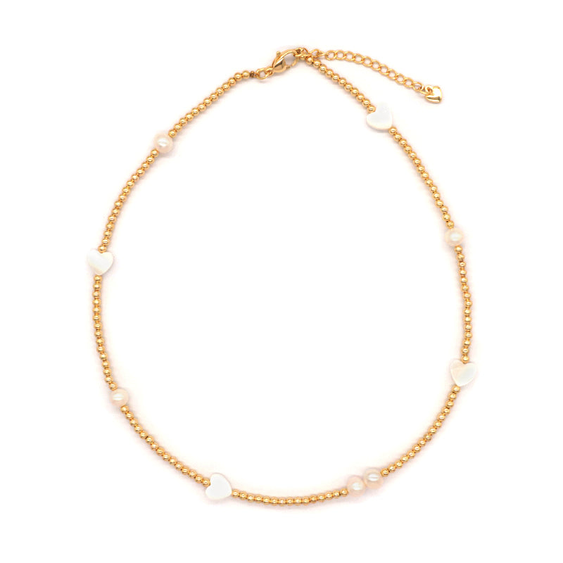Gold plated Brass Beads Necklace With Shell Charms Fresh Water Pearl Necklace
