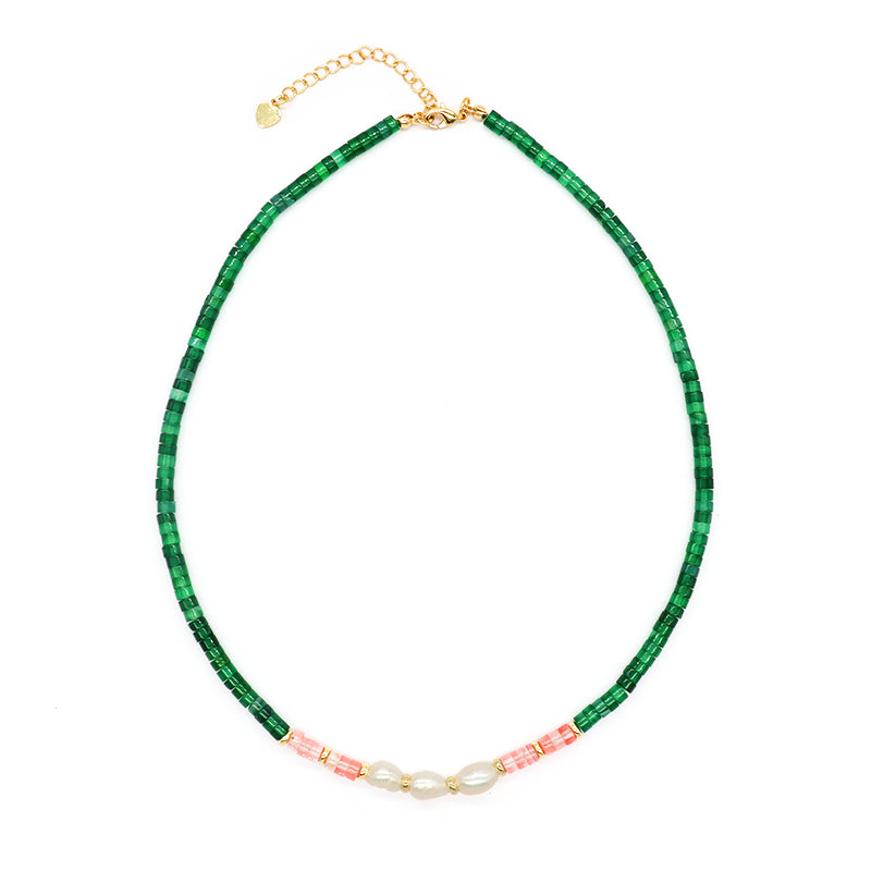 Green Onyx Natural Stone Necklace Fresh Water Pearl Adjustable Handmade Necklace