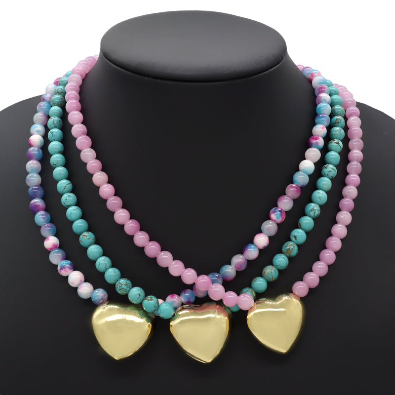 Handmade Trendy Customized Wholesale Manufacture Gold Plated Brass Heart Charm 6mm Natural Stone Beads Necklace