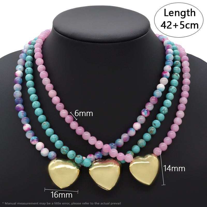 Handmade Trendy Customized Wholesale Manufacture Gold Plated Brass Heart Charm 6mm Natural Stone Beads Necklace