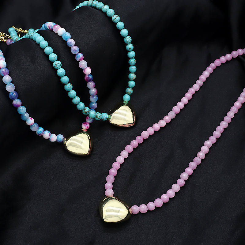 Handmade Trendy Customized Wholesale Manufacture Gold Plated Brass Heart Charm 6mm Natural Stone Beads Necklace