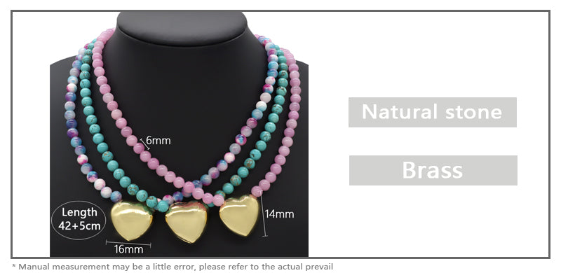 Handmade Trendy Customized Wholesale Manufacture Gold Plated Brass Heart Charm 6mm Natural Stone Beads Necklace