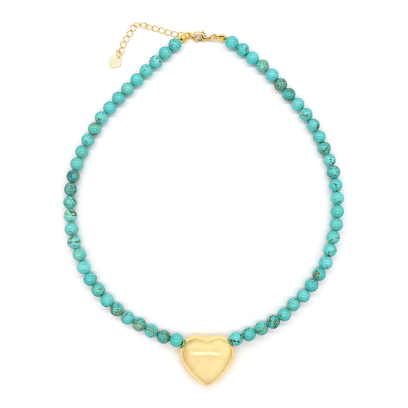 Handmade Trendy Customized Wholesale Manufacture Gold Plated Brass Heart Charm 6mm Natural Stone Beads Necklace