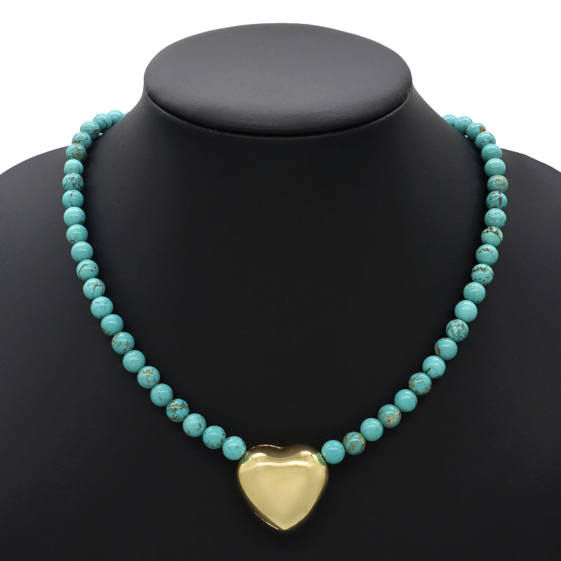 Handmade Trendy Customized Wholesale Manufacture Gold Plated Brass Heart Charm 6mm Natural Stone Beads Necklace