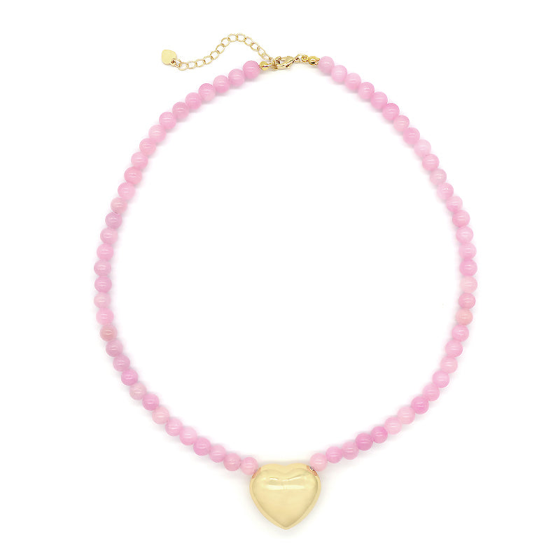 Handmade Trendy Customized Wholesale Manufacture Gold Plated Brass Heart Charm 6mm Natural Stone Beads Necklace