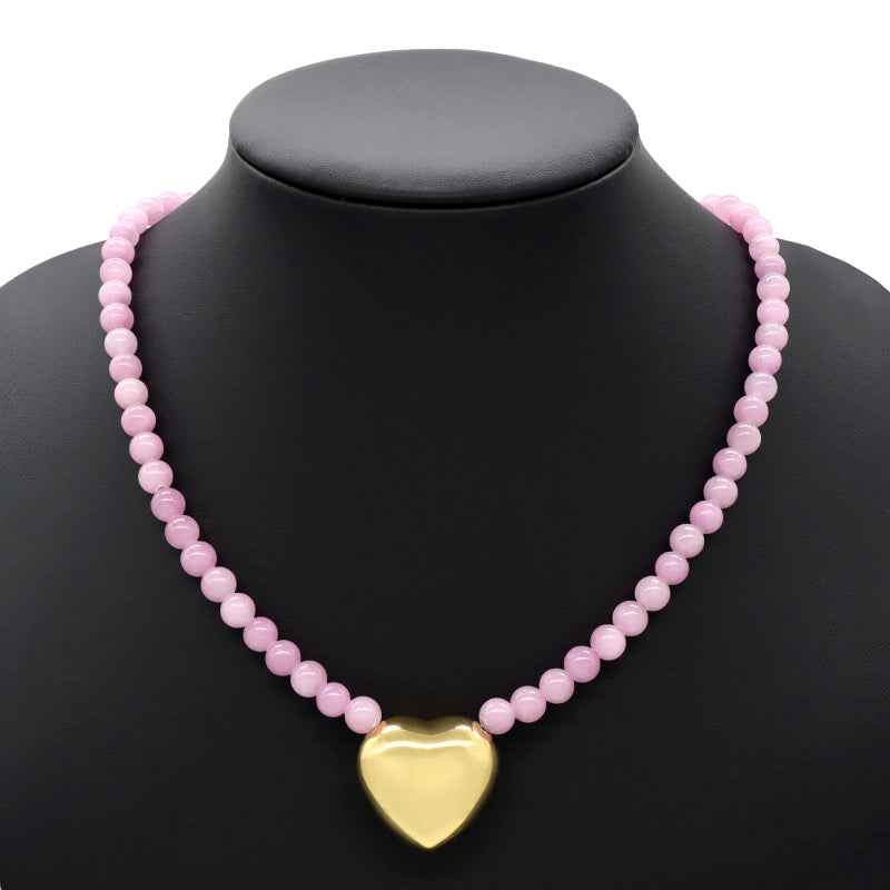 Handmade Trendy Customized Wholesale Manufacture Gold Plated Brass Heart Charm 6mm Natural Stone Beads Necklace