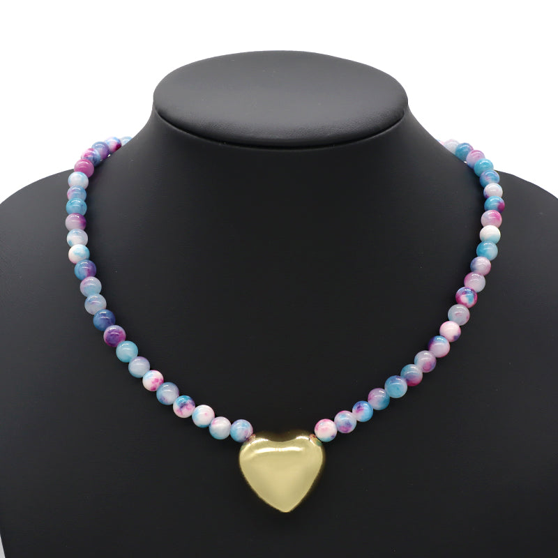 Handmade Trendy Customized Wholesale Manufacture Gold Plated Brass Heart Charm 6mm Natural Stone Beads Necklace