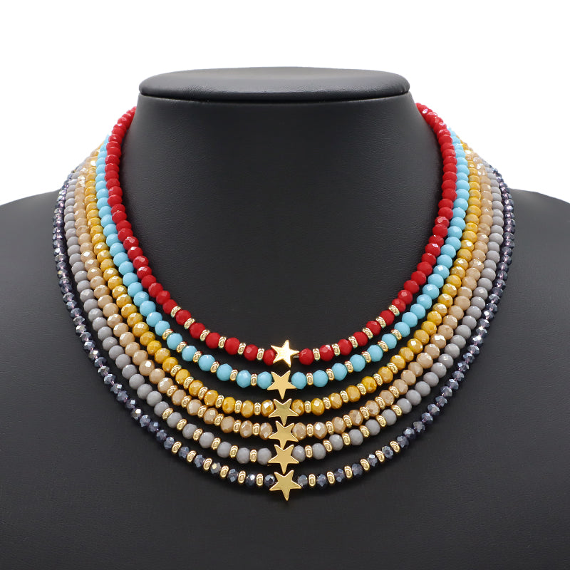 Wholesale Handmade Customized Gold Plated Stars Charm Blue Grey Red Glass Crystal Beads Necklace For Women